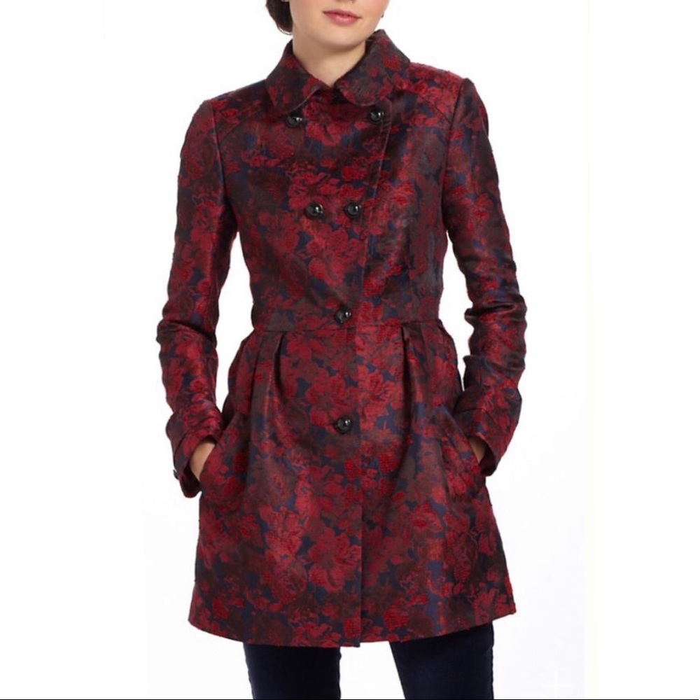 Anthropologie Red & Black Floral Jacquard Double-Breasted Coat